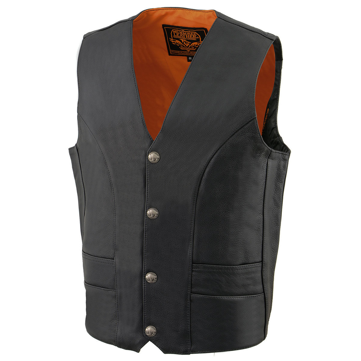 Milwaukee Leather ML1368 Men's Black Naked Leather V-Neck Motorcycle Rider Vest w/ Buffalo Nickel Snaps Closure