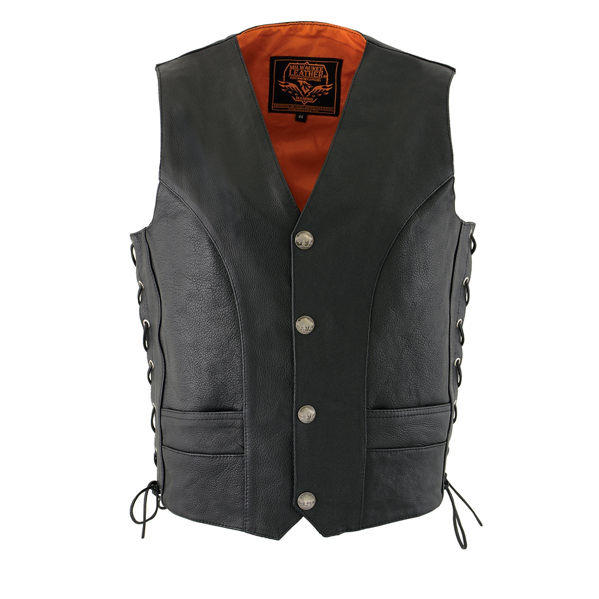 Milwaukee Leather ML1369 Men's Black Naked Leather Side Lace Motorcycle Rider Vest w/ Buffalo Nickel Snaps Closure