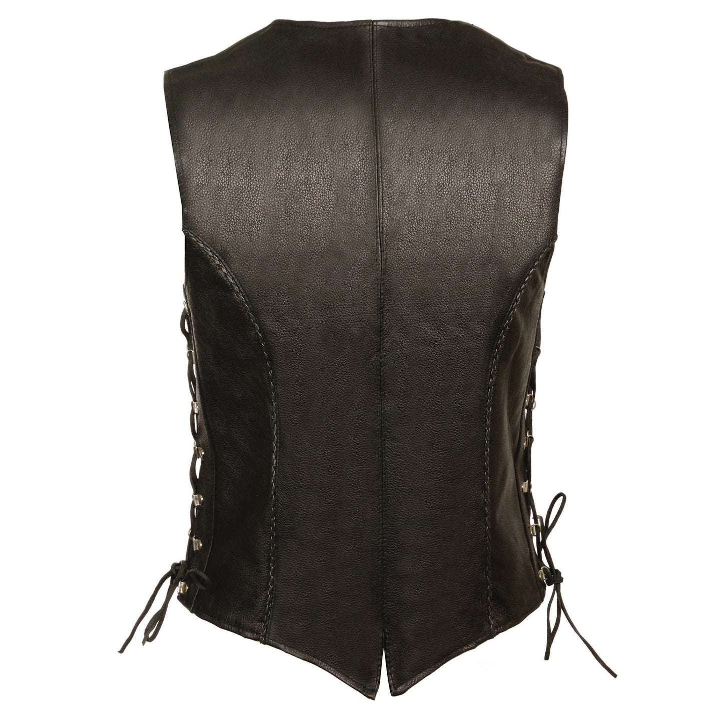 Milwaukee Leather ML2042 Women's Black Thin Braid Naked Leather Side Lace Motorcycle Rider Vest- Front Snap Closure