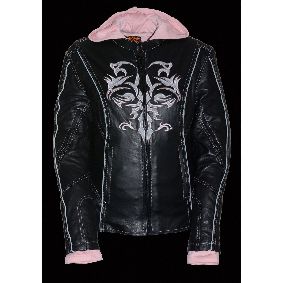 Milwaukee Leather ML2066 Women's 3/4 Black and Pink Leather Hoodie Jacket with Reflective Tribal Design