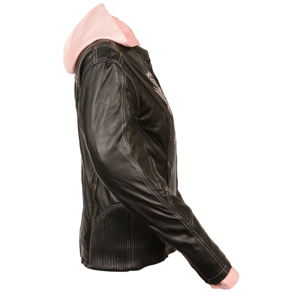 Milwaukee Leather ML2066 Women's 3/4 Black and Pink Leather Hoodie Jacket with Reflective Tribal Design