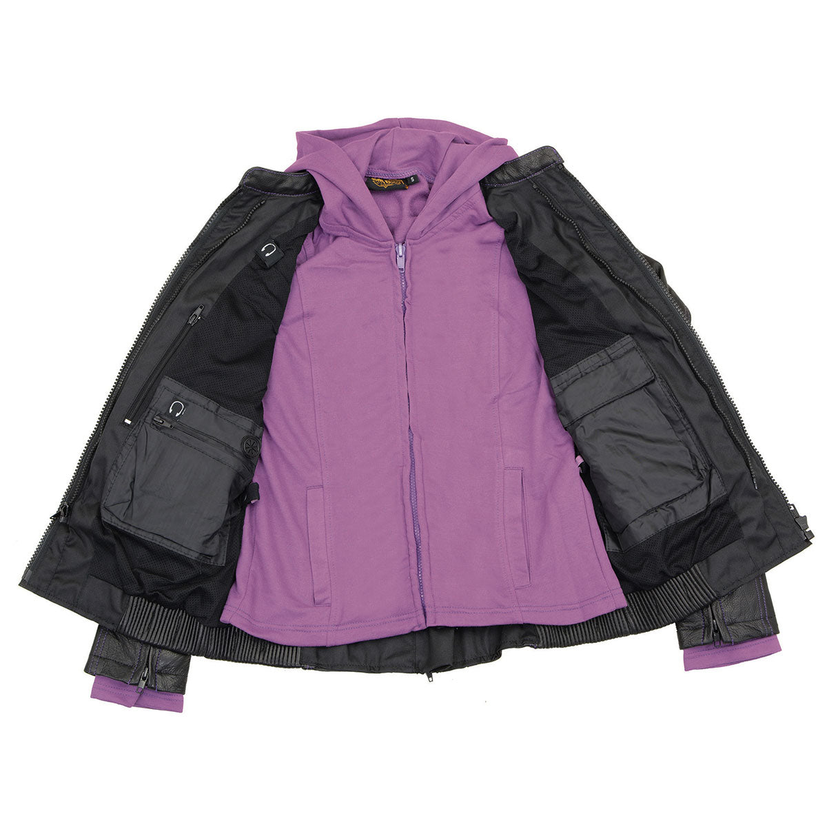 Milwaukee Leather ML2067 Women's 3/4 Black and Purple Leather Hoodie Jacket with Reflective Tribal Design