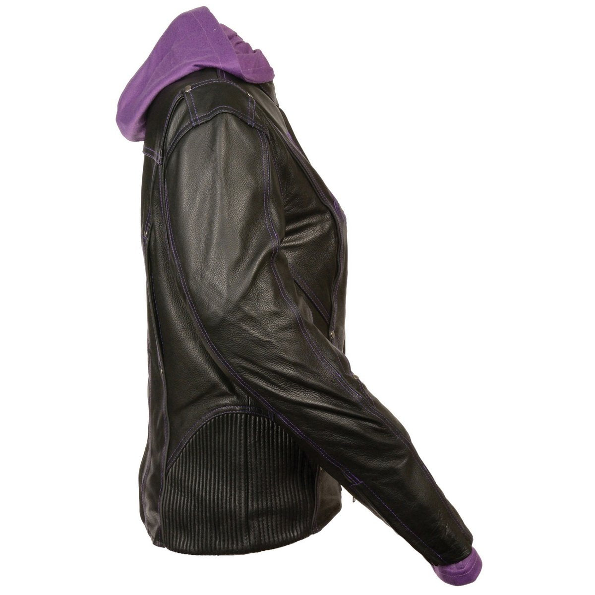 Milwaukee Leather ML2067 Women's 3/4 Black and Purple Leather Hoodie Jacket with Reflective Tribal Design