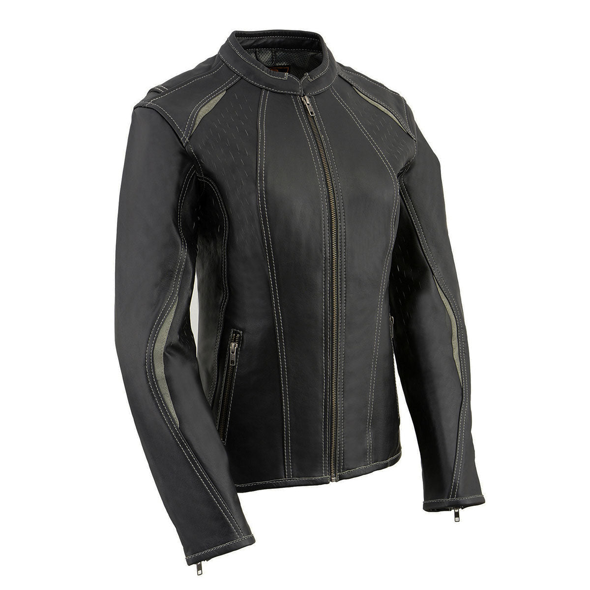 Milwaukee Leather MLL2502 Women's 'Laser Cut' Distressed Black and Grey Scuba Style Racer Jacket