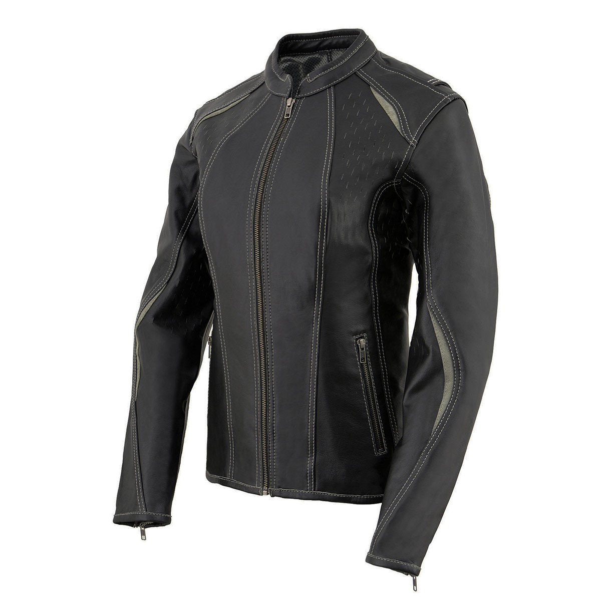 Milwaukee Leather MLL2502 Women's 'Laser Cut' Distressed Black and Grey Scuba Style Racer Jacket