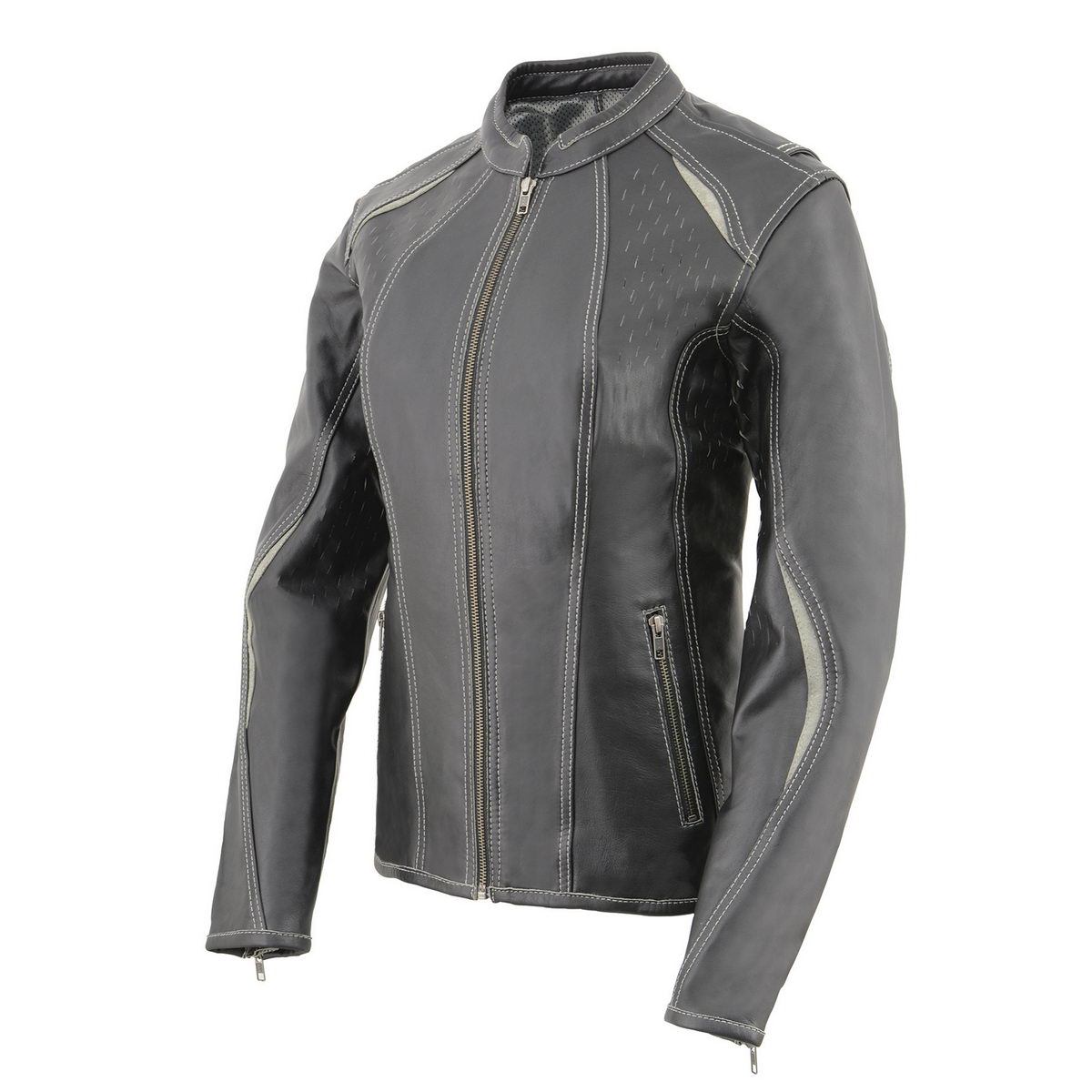 Milwaukee Leather MLL2502 Women's 'Laser Cut' Distressed Black and Grey Scuba Style Racer Jacket