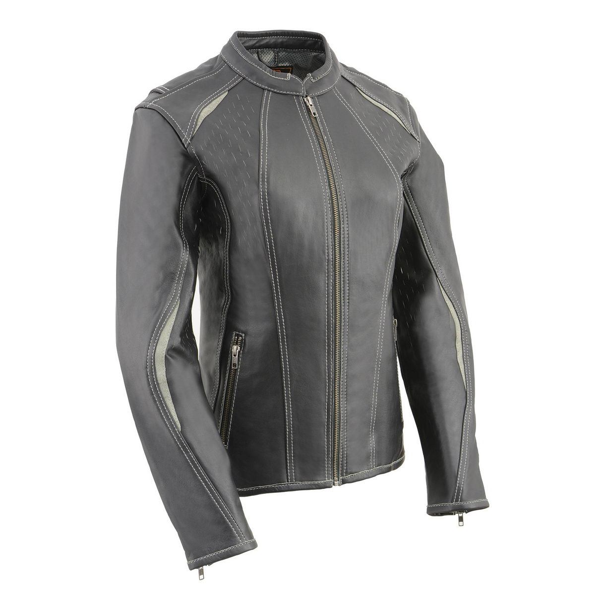 Milwaukee Leather MLL2502 Women's 'Laser Cut' Distressed Black and Grey Scuba Style Racer Jacket