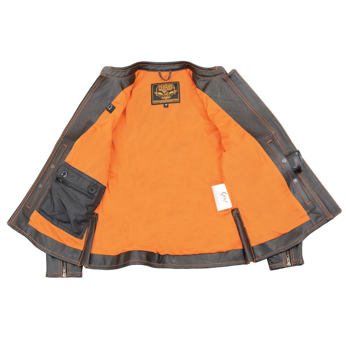 Milwaukee Leather MLL2502 Women's 'Laser Cut' Distressed Black and Orange Scuba Style Racer Jacket