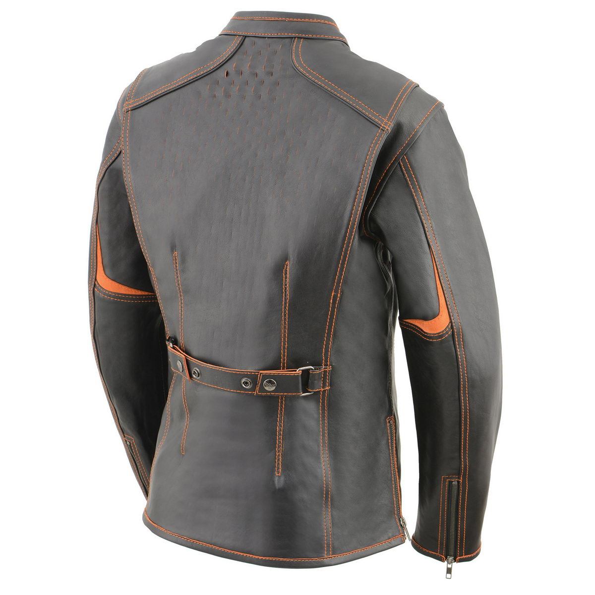 Milwaukee Leather MLL2502 Women's 'Laser Cut' Distressed Black and Orange Scuba Style Racer Jacket