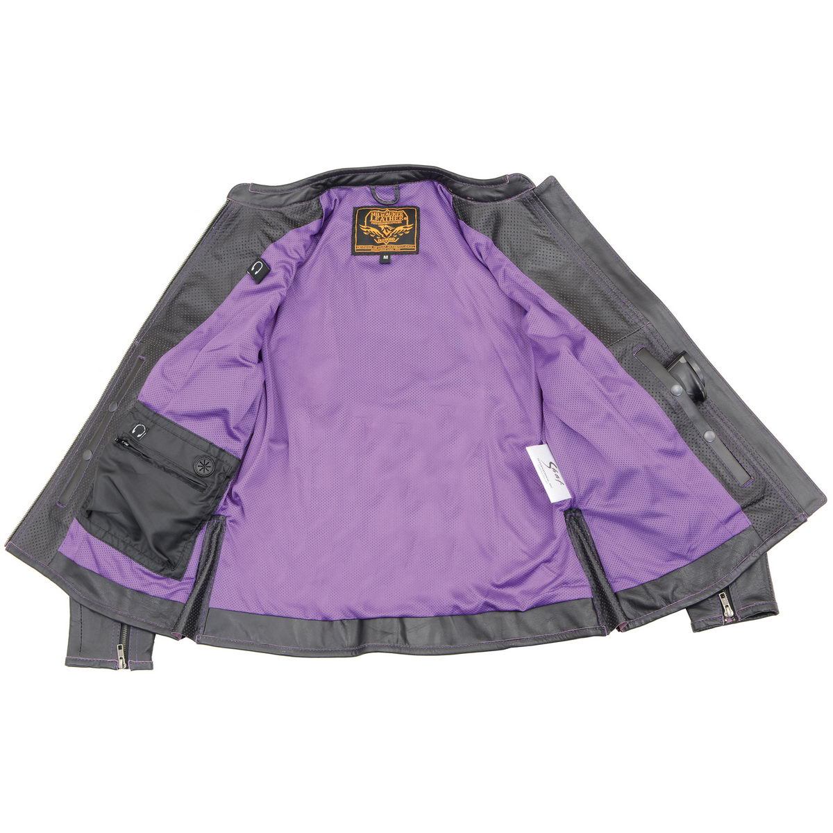 Milwaukee Leather MLL2502 Women's 'Laser Cut' Distressed Black and Purple Scuba Style Racer Jacket