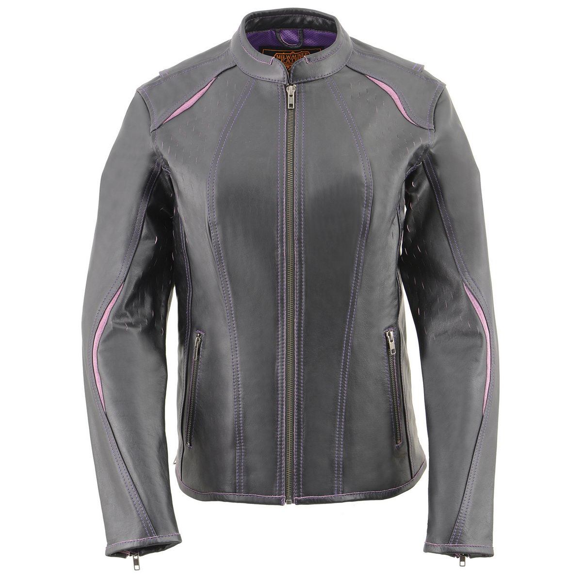 Milwaukee Leather MLL2502 Women's 'Laser Cut' Distressed Black and Purple Scuba Style Racer Jacket