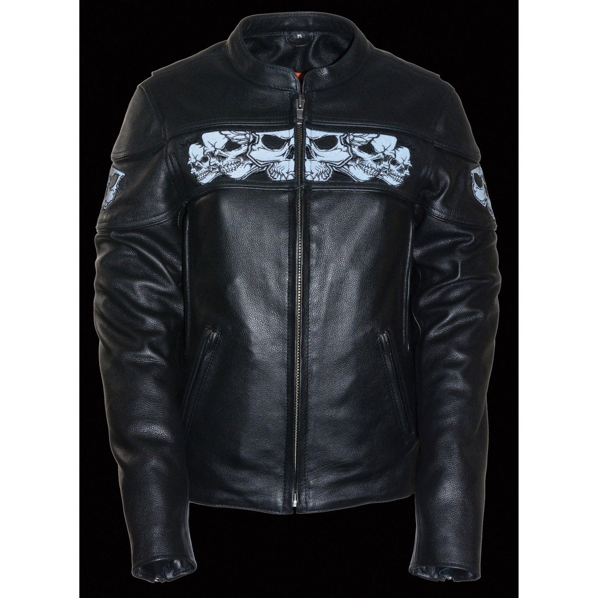 Milwaukee Leather MLL2540 Women's Crossover Black Leather Scooter Jacket Reflective Skull Graphic