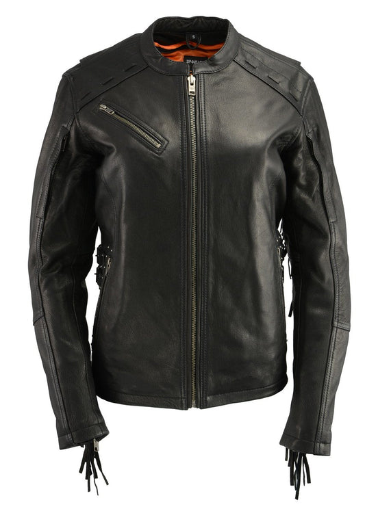 Milwaukee Leather MLL2565 Women's Black Fringed Lightweight Leather Racer Motorcycle Jacket