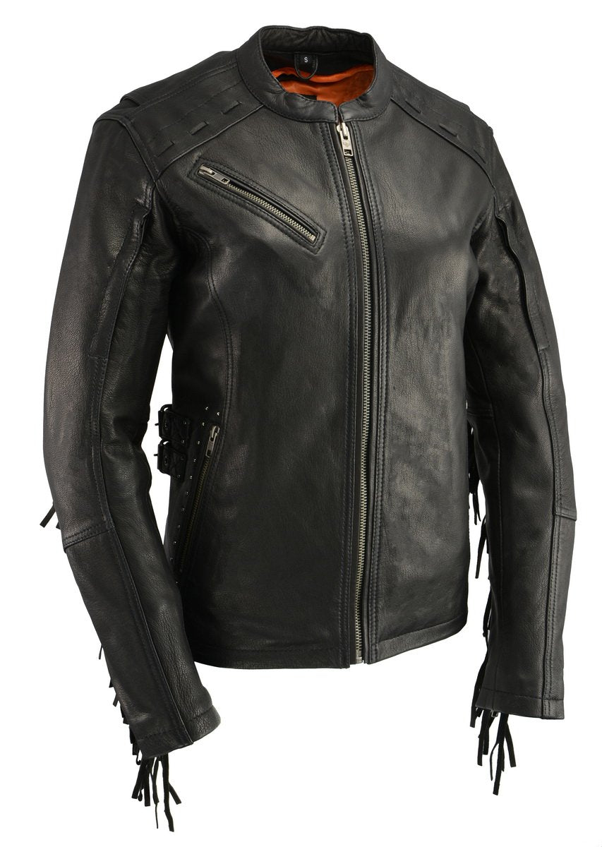 Milwaukee Leather MLL2565 Women's Black Fringed Lightweight Leather Racer Motorcycle Jacket