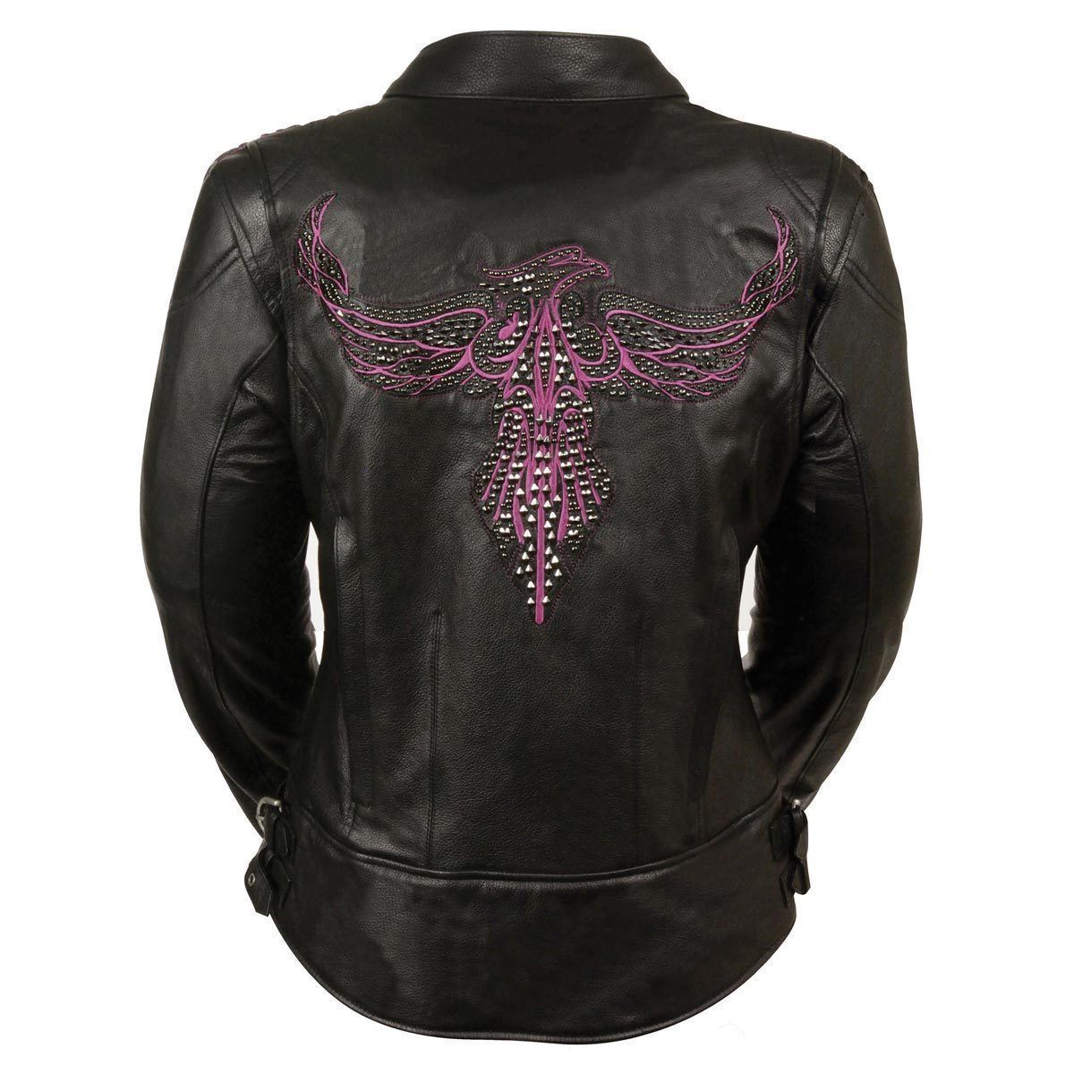 Milwaukee Leather MLL2570 Women's 'Phoenix Embroidered' Black and Fuchsia Pink Leather Motorcycle Jacket