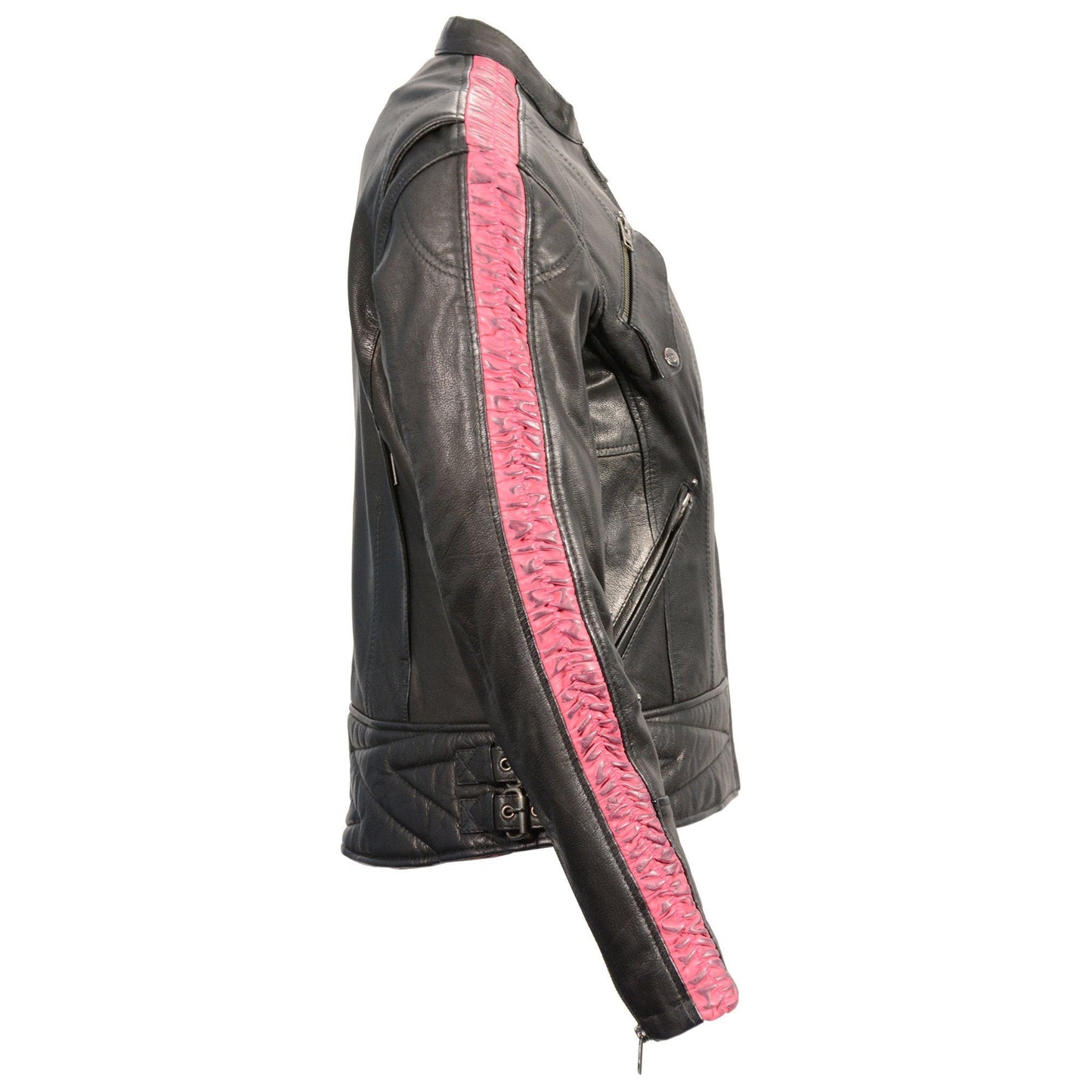 Milwaukee Leather MLL2571 Womens Black and Pink 'Crinkled Arm' Lightweight Racer Jacket