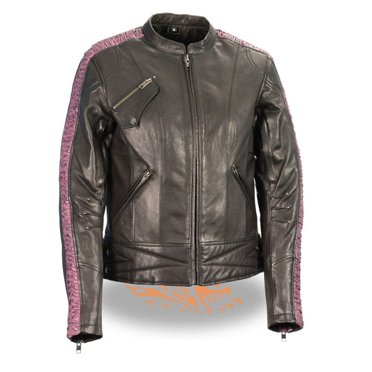 Milwaukee Leather MLL2571 Ladies Black and Purple 'Crinkled Arm' Lightweight Racer Jacket