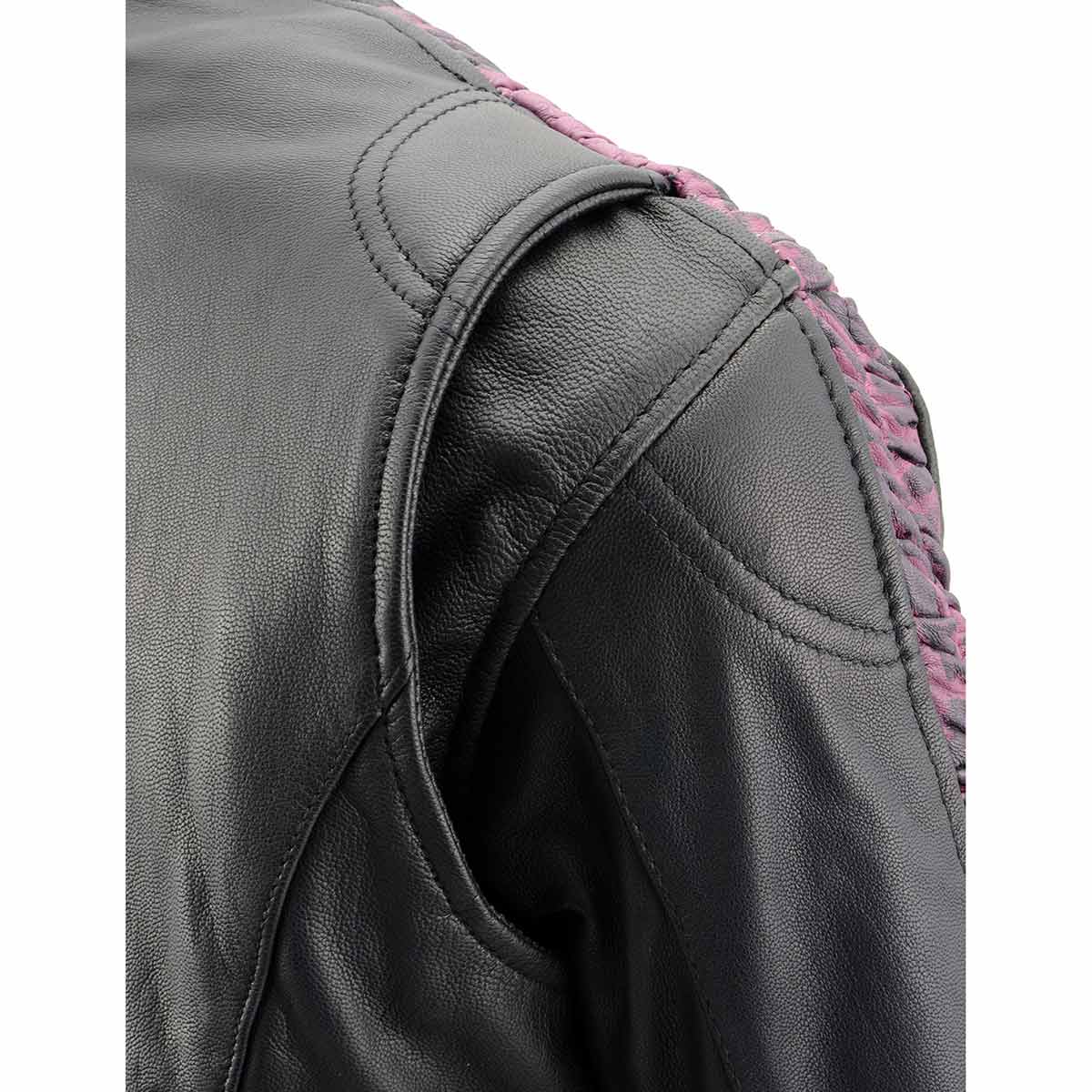 Milwaukee Leather MLL2571 Ladies Black and Purple 'Crinkled Arm' Lightweight Racer Jacket