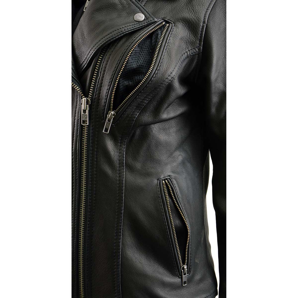 Milwaukee Leather MLL2575 Women's Black Leather Vented Motorcycle Jacket w/ Removable Hoodie