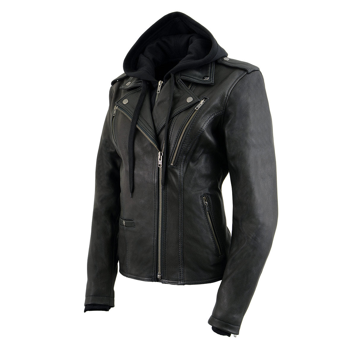 Milwaukee Leather MLL2575 Women's Black Leather Vented Motorcycle Jacket w/ Removable Hoodie