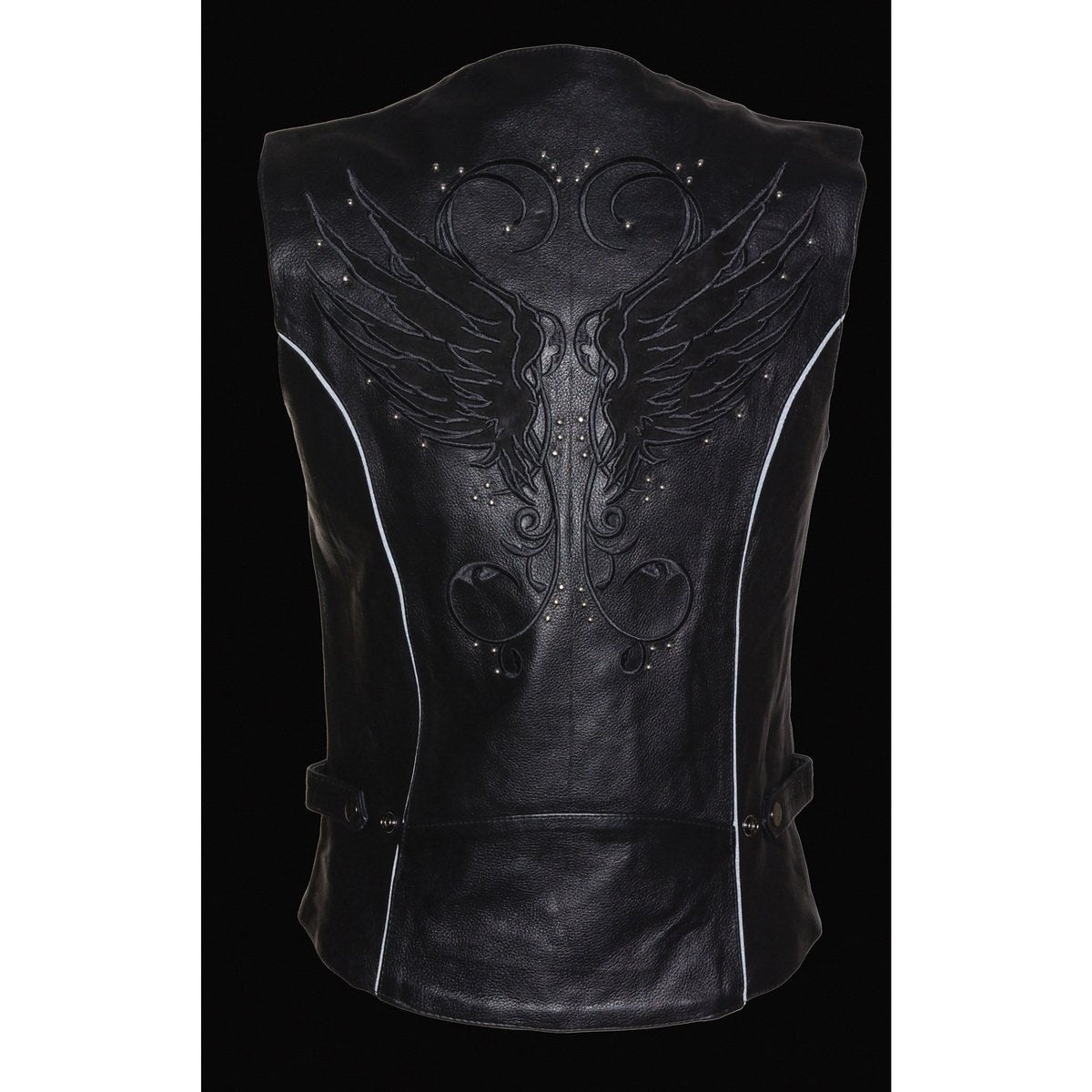 Milwaukee Leather MLL4505 Women's Black Leather Side Lace Motorcycle Rider Vest- Reflective and Studded Black Wings