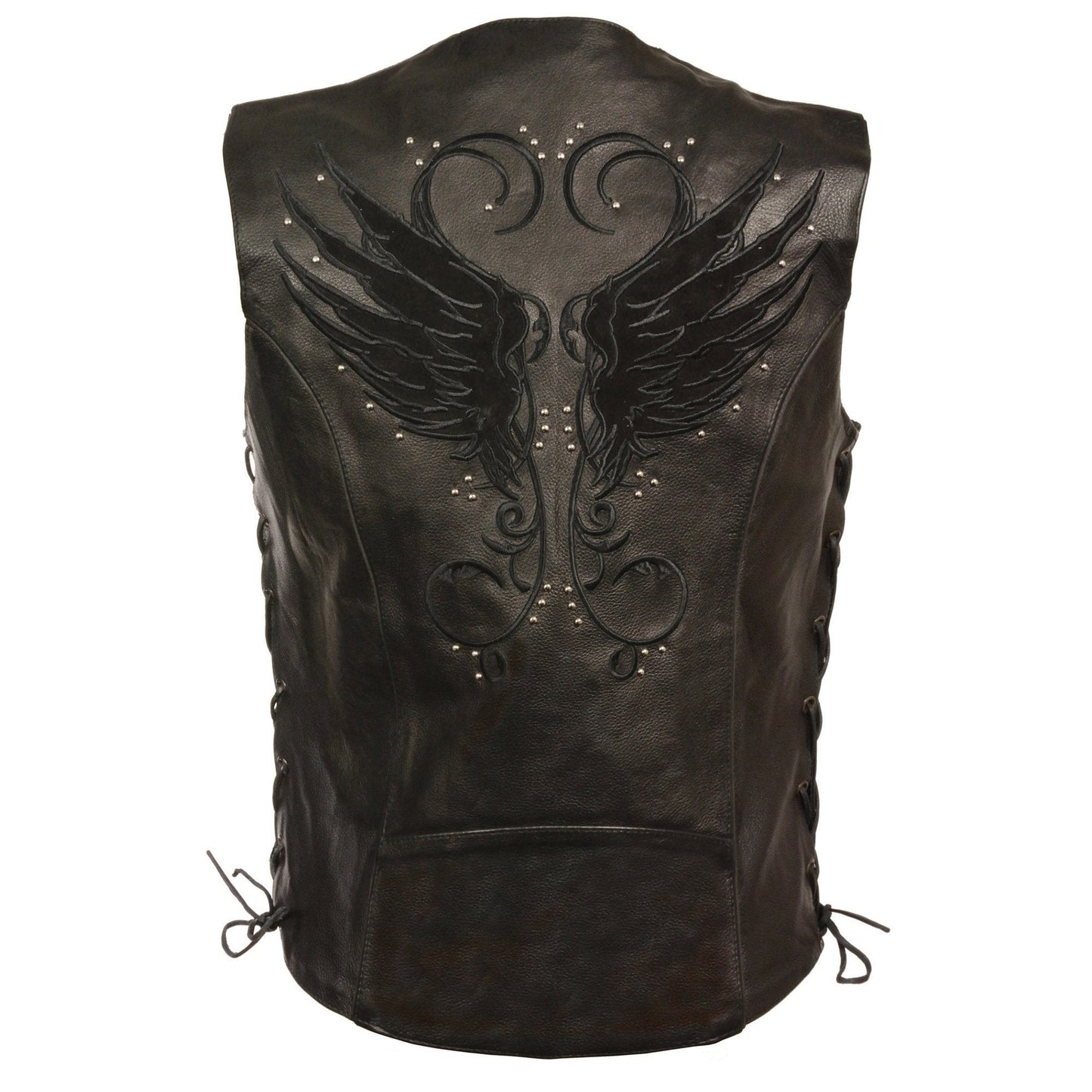 Milwaukee Leather MLL4505 Women's Black Leather Side Lace Motorcycle Rider Vest- Reflective and Studded Black Wings