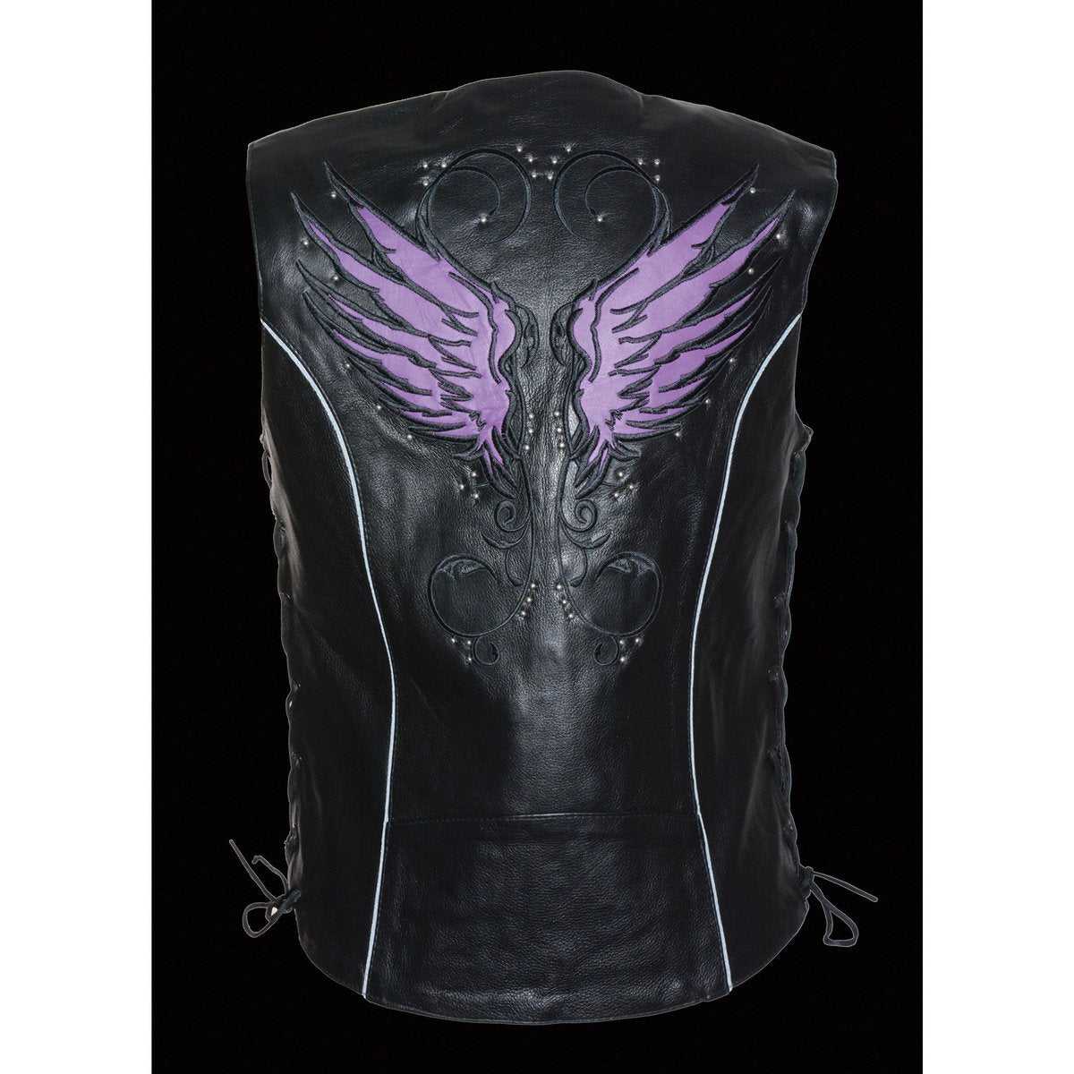 Milwaukee Leather MLL4505 Women's Black Leather Side Lace Motorcycle Rider Vest-Reflective and Studded Purple Wings