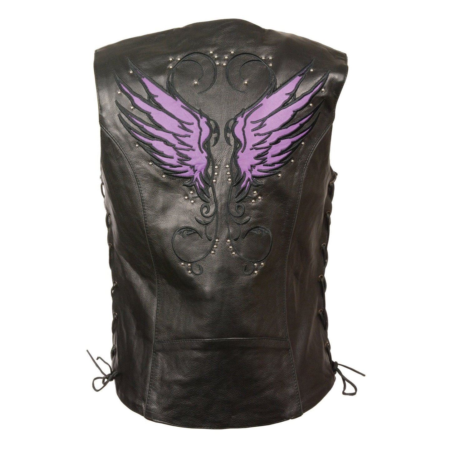 Milwaukee Leather MLL4505 Women's Black Leather Side Lace Motorcycle Rider Vest-Reflective and Studded Purple Wings