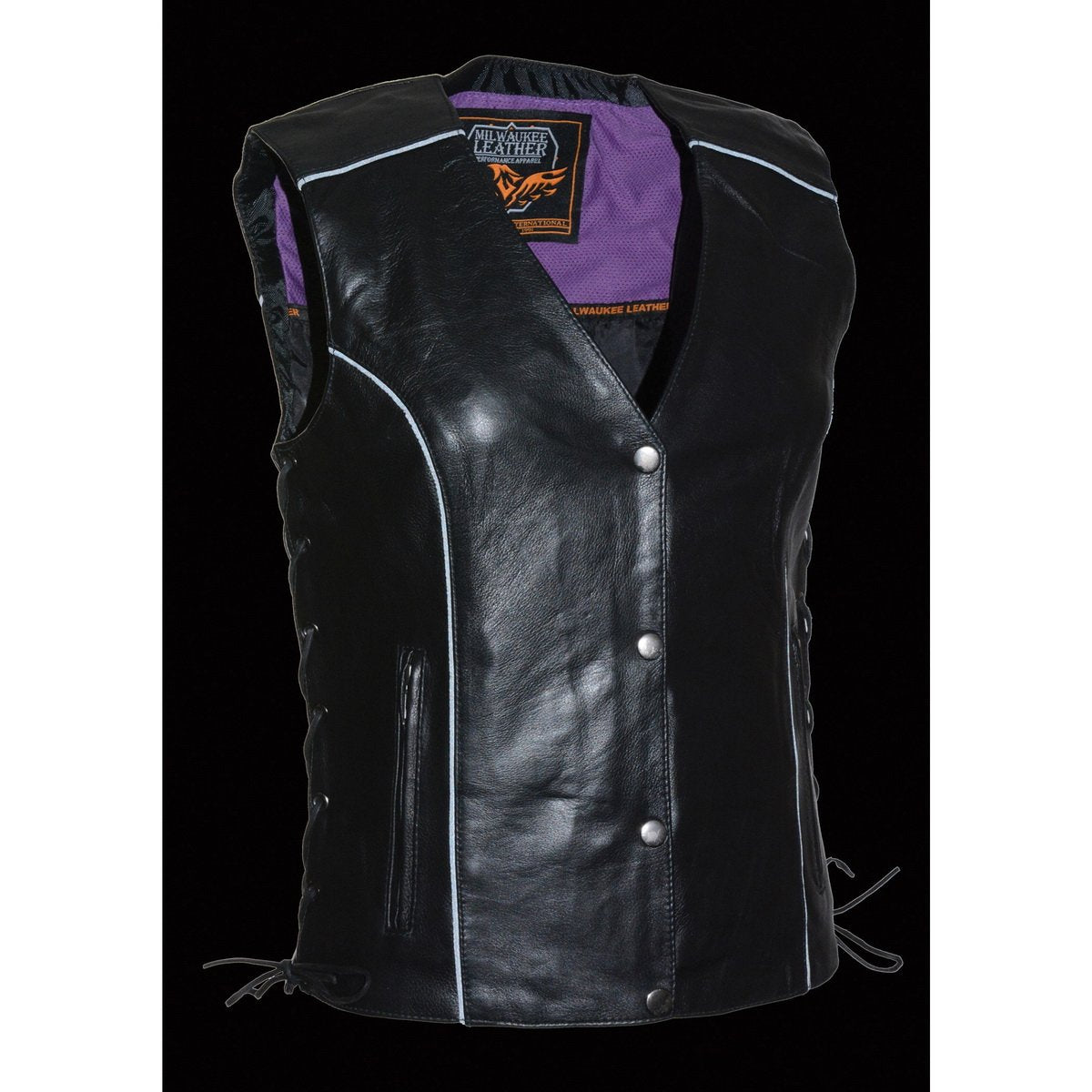 Milwaukee Leather MLL4505 Women's Black Leather Side Lace Motorcycle Rider Vest-Reflective and Studded Purple Wings