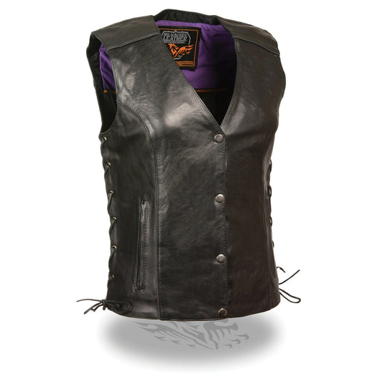 Milwaukee Leather MLL4505 Women's Black Leather Side Lace Motorcycle Rider Vest-Reflective and Studded Purple Wings