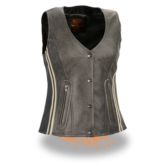 Milwaukee Leather MLL4506 Women's Grey Leather Vintage Slate Snap Front Vest with Racing Stripes