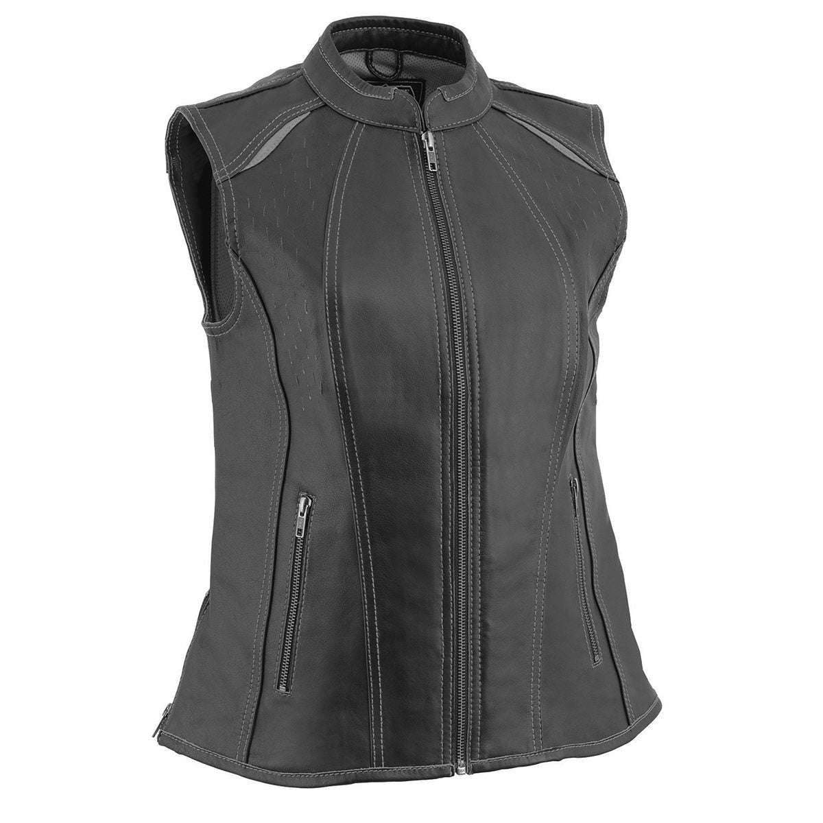 Milwaukee Leather MLL4507 Women's Black Leather Grey Accented Laser Cut Vented Scuba Style Motorcycle Rider Vest