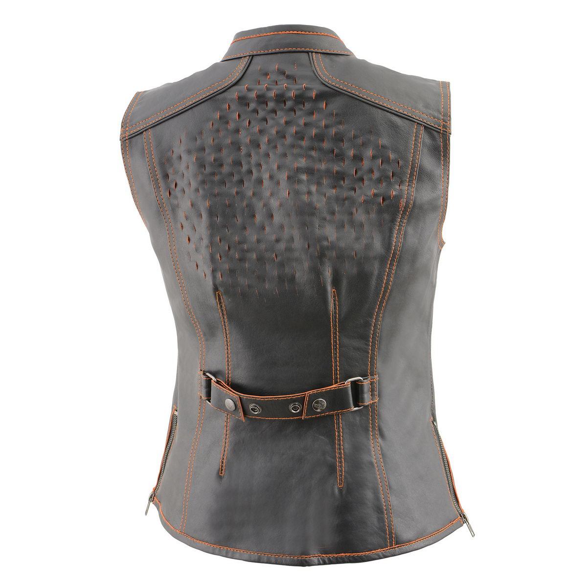 Milwaukee Leather MLL4507 Women's Black Leather Orange Accented Laser Cut Vented Scuba Style Motorcycle Rider Vest