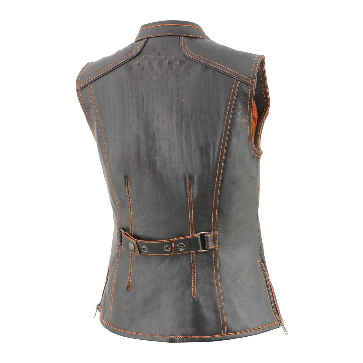 Milwaukee Leather MLL4507 Women's Black Leather Orange Accented Laser Cut Vented Scuba Style Motorcycle Rider Vest