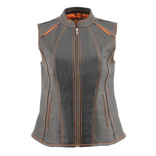 Milwaukee Leather MLL4507 Women's Black Leather Orange Accented Laser Cut Vented Scuba Style Motorcycle Rider Vest