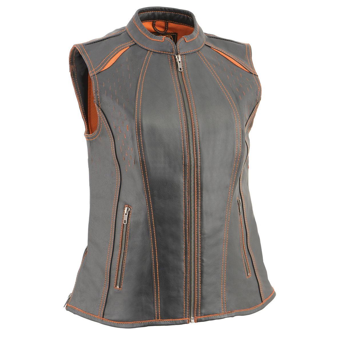 Milwaukee Leather MLL4507 Women's Black Leather Orange Accented Laser Cut Vented Scuba Style Motorcycle Rider Vest