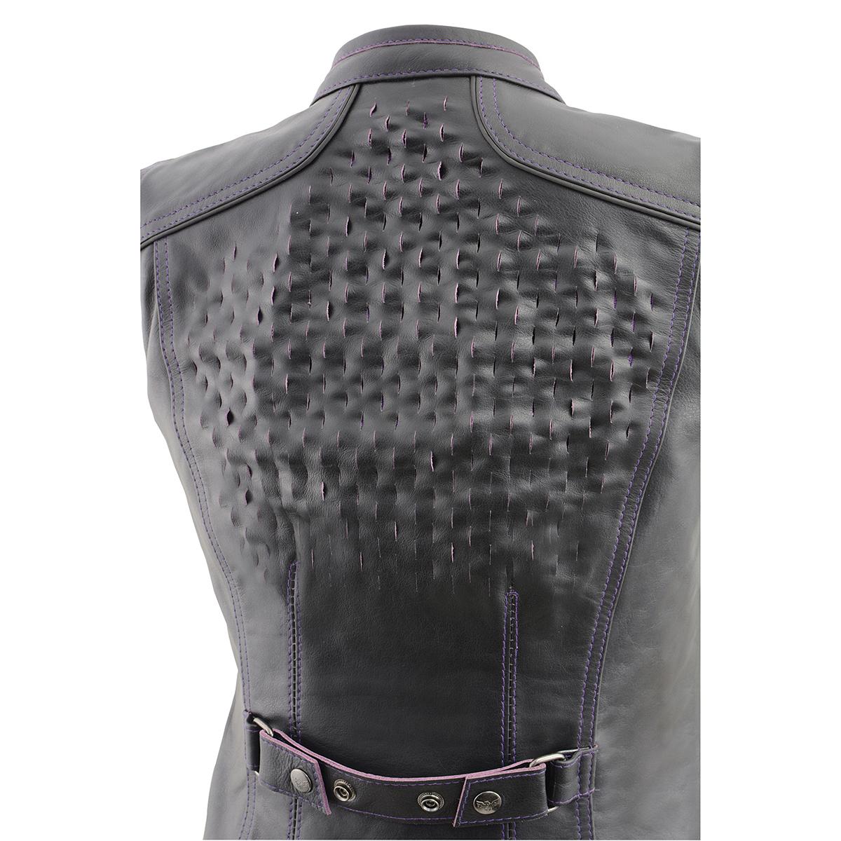 Milwaukee Leather MLL4507 Women's Black Leather Purple Accented Laser Cut Vented Scuba Style Motorcycle Rider Vest