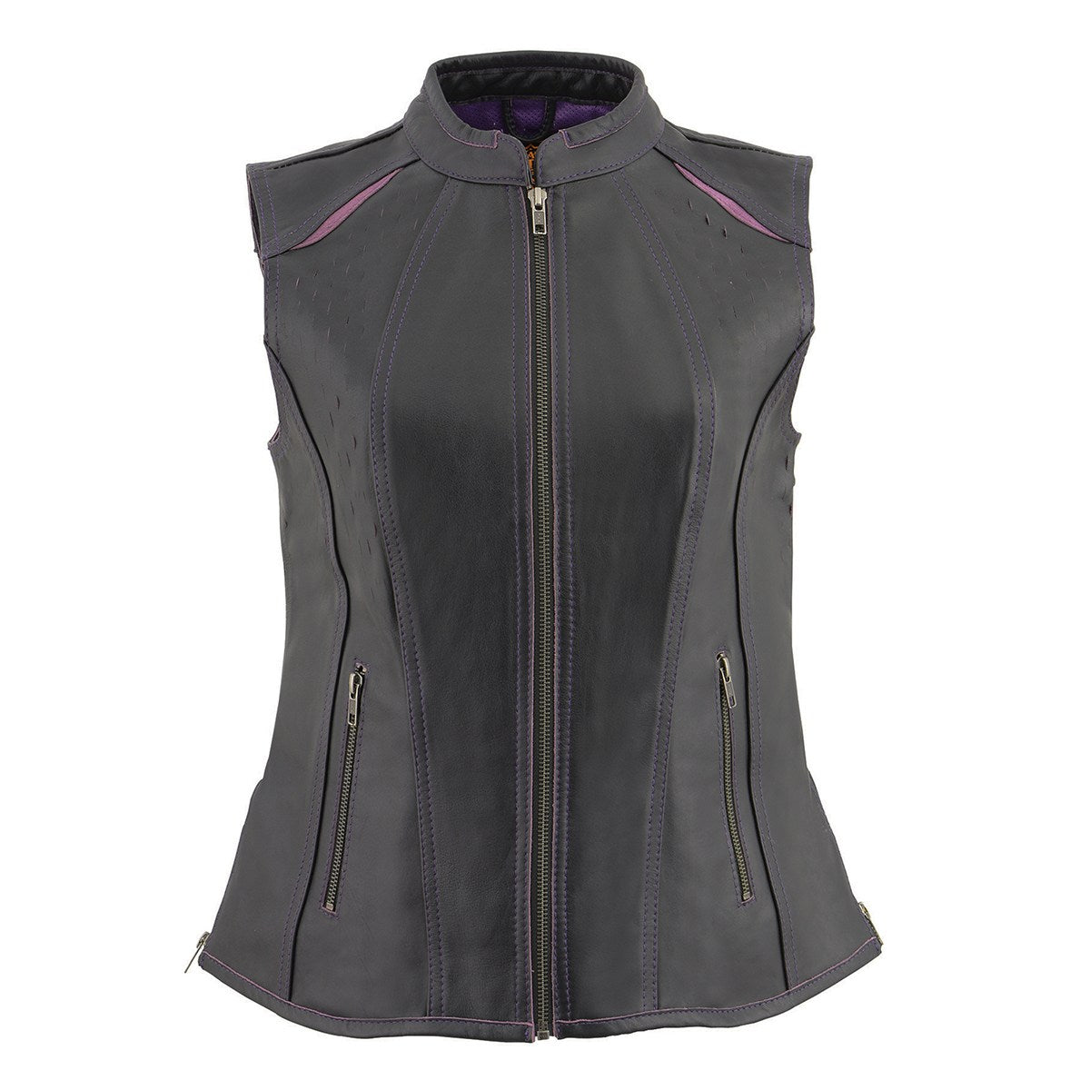 Milwaukee Leather MLL4507 Women's Black Leather Purple Accented Laser Cut Vented Scuba Style Motorcycle Rider Vest