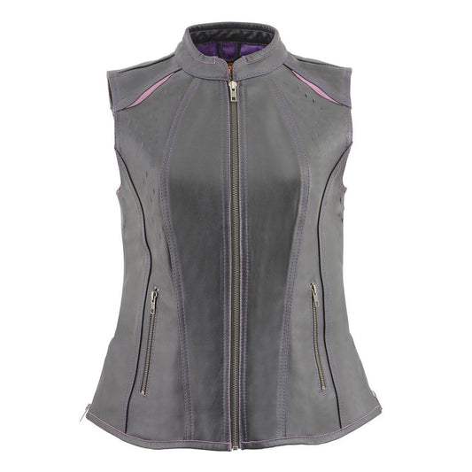 Milwaukee Leather MLL4507 Women's Black Leather Purple Accented Laser Cut Vented Scuba Style Motorcycle Rider Vest