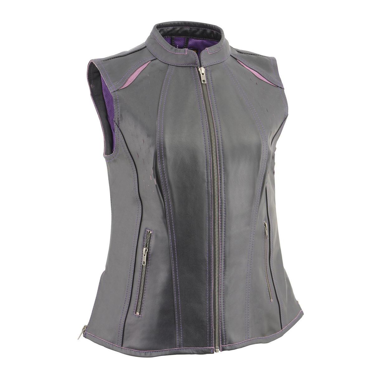 Milwaukee Leather MLL4507 Women's Black Leather Purple Accented Laser Cut Vented Scuba Style Motorcycle Rider Vest