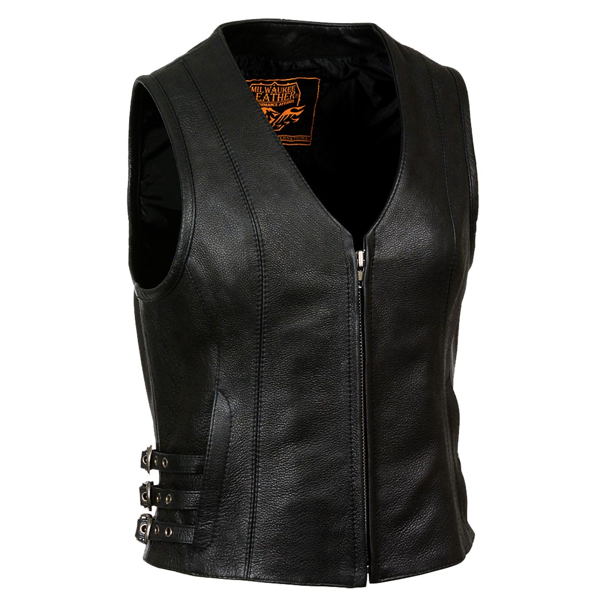 Milwaukee Leather MLL4510 Women's Black Naked Leather Side Buckle Motorcycle Rider Vest with Front Zip Closure