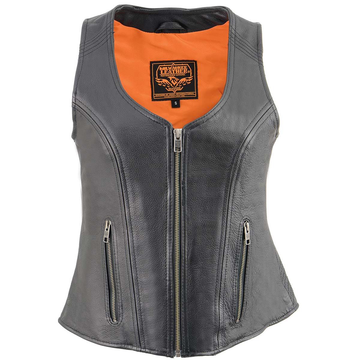 Milwaukee Leather MLL4530 Women's Black Leather Open Neck Motorcycle Rider Vest W/ Front Zip and Stitching detail