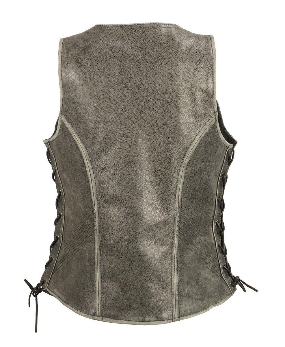 Milwaukee Leather MLL4531 Women's V-Neck Distress Grey Premium Leather Motorcycle Rider Vest w/ Side Laces