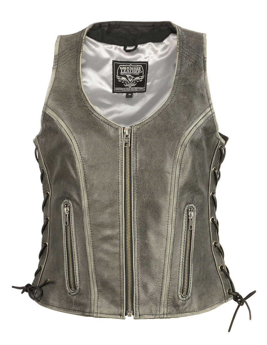 Milwaukee Leather MLL4531 Women's V-Neck Distress Grey Premium Leather Motorcycle Rider Vest w/ Side Laces