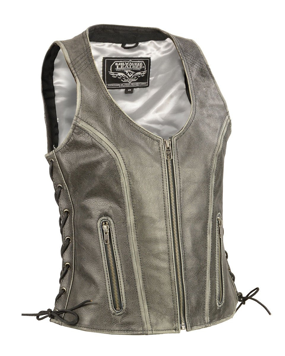 Milwaukee Leather MLL4531 Women's V-Neck Distress Grey Premium Leather Motorcycle Rider Vest w/ Side Laces