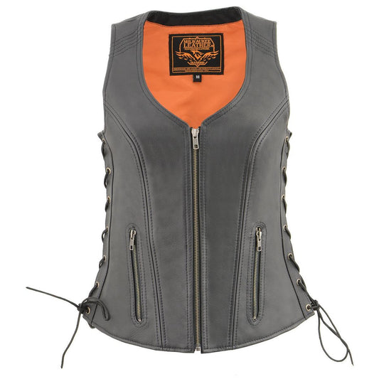 Milwaukee Leather MLL4532 Women's Black Cool-Tec Leather Open Neck Motorcycle Rider Vest w/ Side Lace