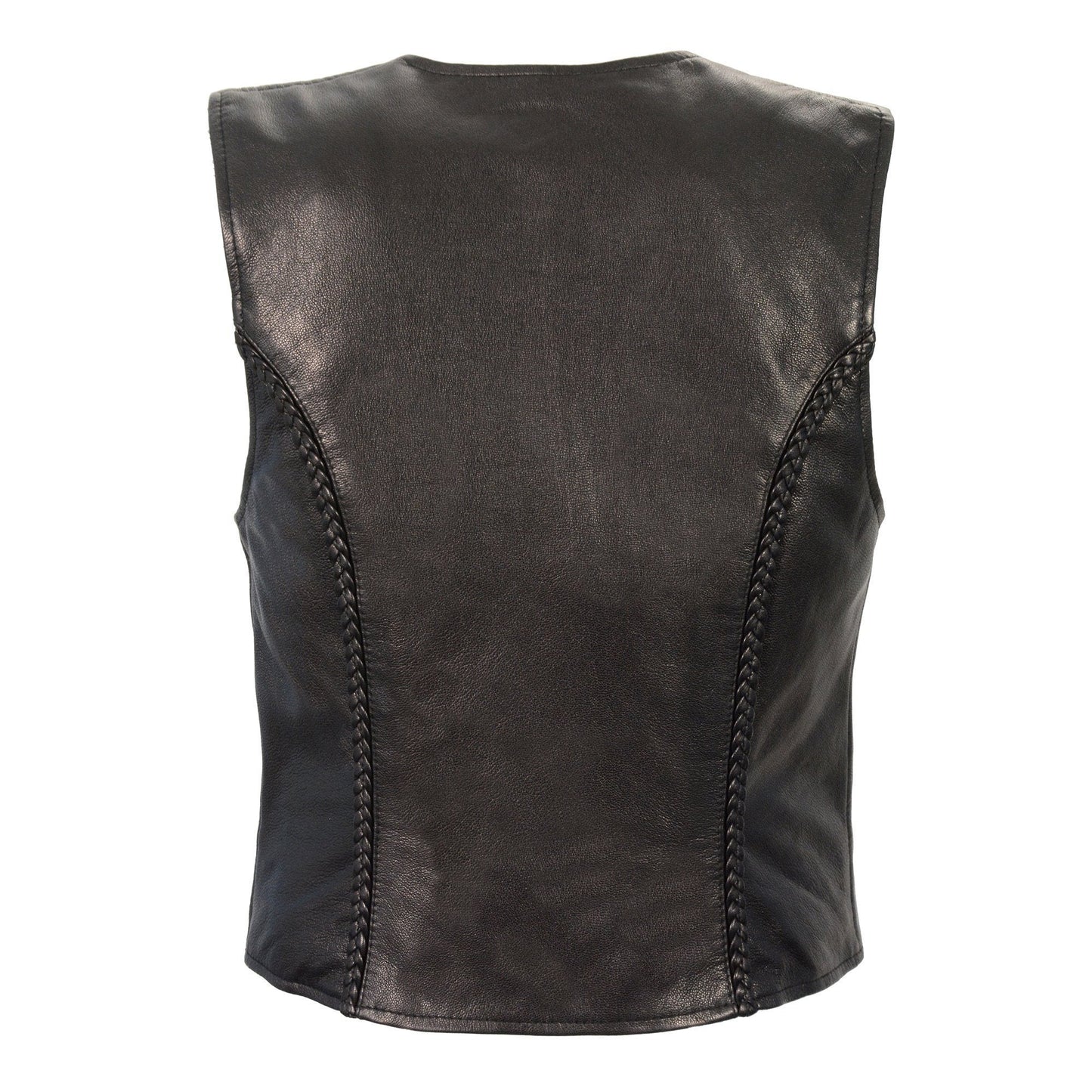 Milwaukee Leather MLL4550 Women's Black Naked Leather Classic Braided Deep V-Neck Motorcycle Rider Vest W/Front Zip