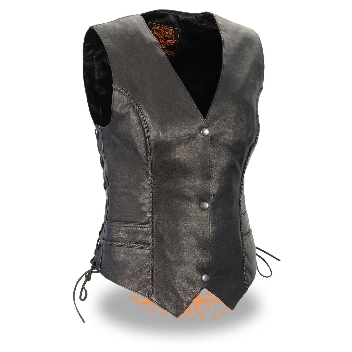 Milwaukee Leather MLL4560 Women's Black Naked Leather Classic Braided Side Lace Deep V-Neck Motorcycle Rider Vest