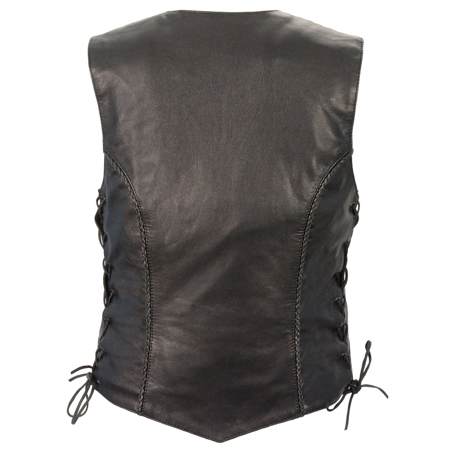 Milwaukee Leather MLL4560 Women's Black Naked Leather Classic Braided Side Lace Deep V-Neck Motorcycle Rider Vest