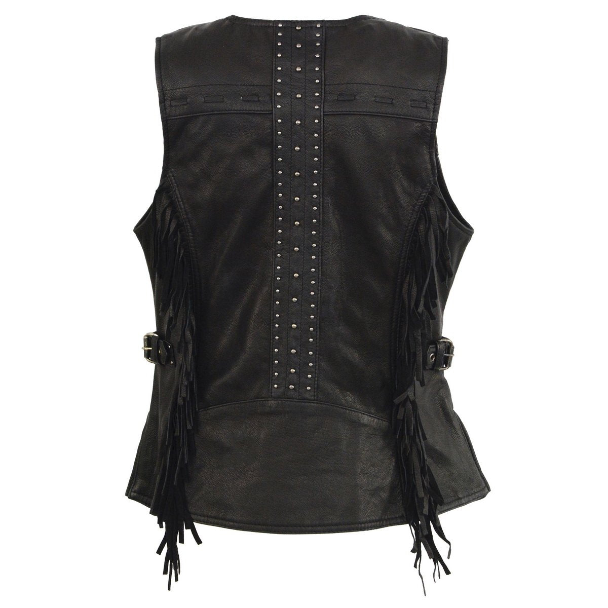 Milwaukee Leather MLL4565 Women's Black Fringed Leather Rivet Detail Side Buckle and Zipper Motorcycle Rider Vest